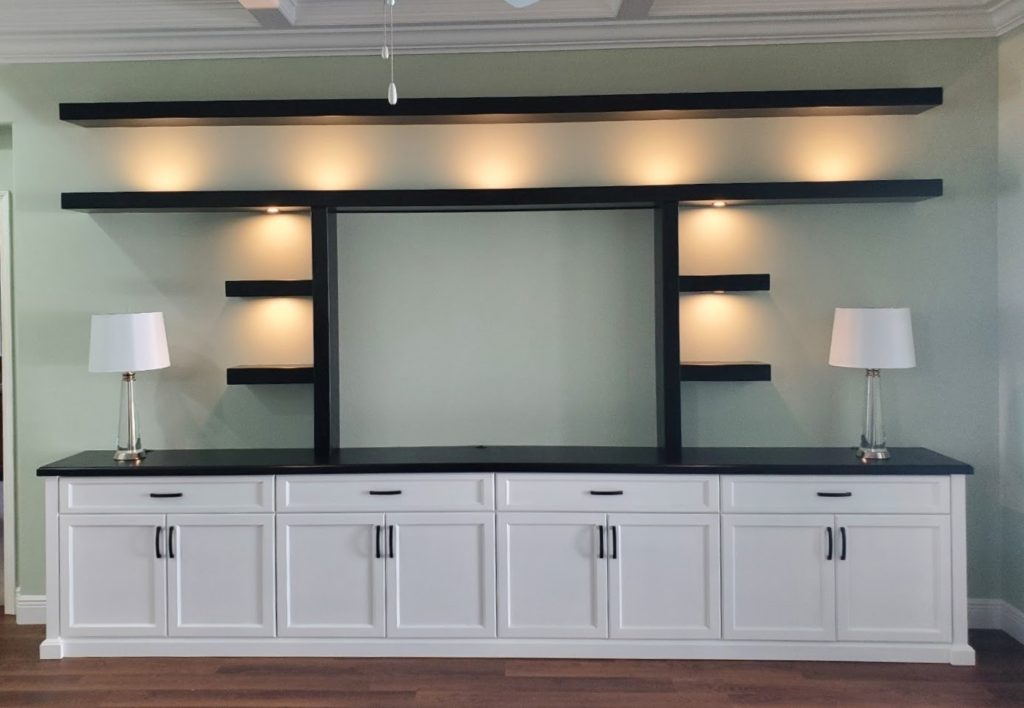 wide console with lighted shelves