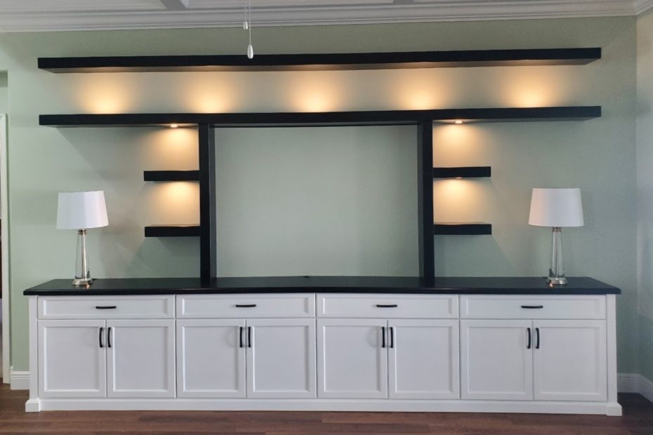 wide console with lighted shelves