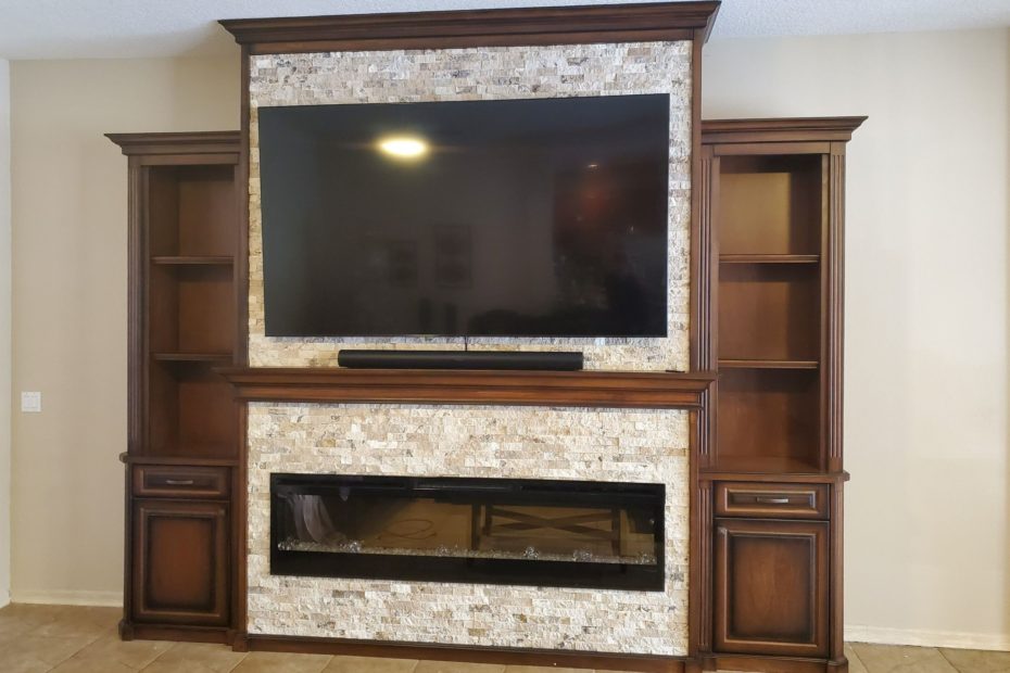 stained maple finish with stone and fireplace