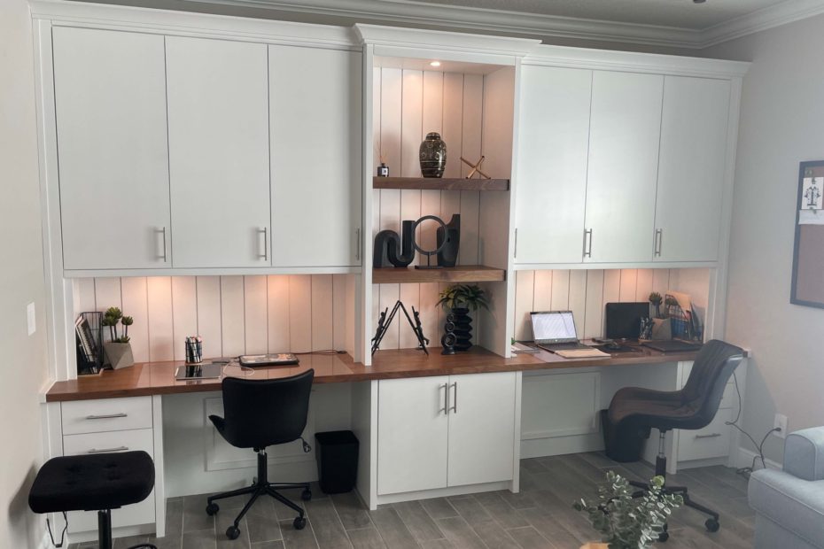 Custom white office with walnut accents